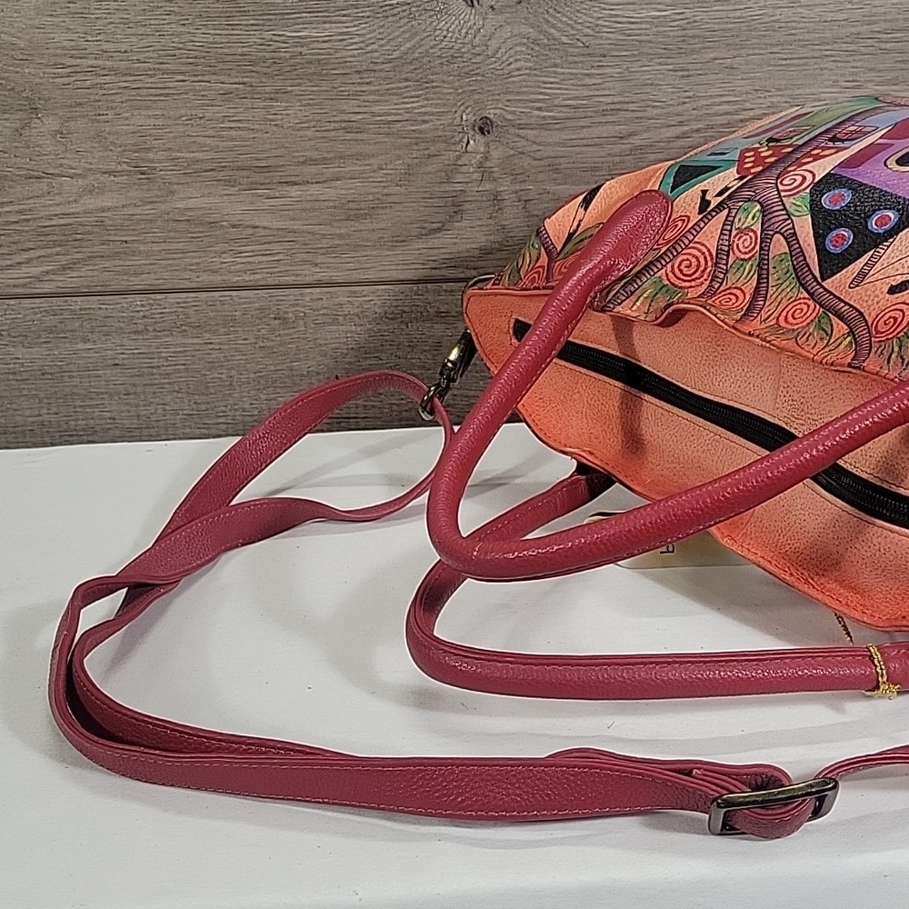 Anuschka Colorful Hand-Painted Village Tote Crossbody Bag - Red Handles New - Picture 6 of 16